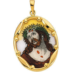 14k Yellow Gold 25x19.5mm Face of Jesus Hand-Painted Porcelain Medal