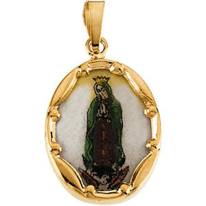 14k Yellow Gold 17x13mm Our Lady of Guadalupe Hand-Painted Porcelain Medal