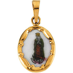 14k Yellow Gold 13x10mm Our Lady of Guadalupe Hand-Painted Porcelain Medal
