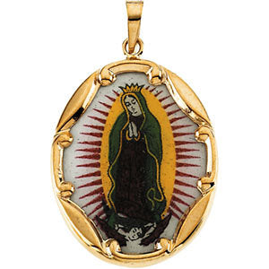 14k Yellow Gold 25x19.5mm Our Lady of Guadalupe Hand-Painted Porcelain Medal