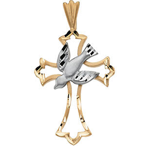 14k White/Yellow Gold Dove & Cross Pendant
