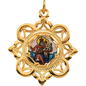 10k Yellow Gold 25.75x25.75mm Lady of Mount Carmel Framed Enamel Pendant