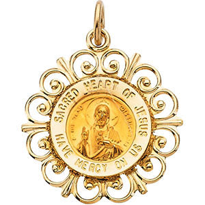 14k Yellow Gold 18.5mm Round Sacred Heart of Jesus Medal