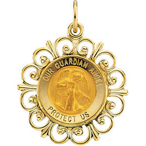 14k Yellow Gold 18.5mm Round Guardian Angel Pendant Medal