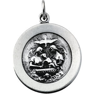 18.75 mm Round Baptism Pendant Medal with 18 inch Chain in Sterling Silver