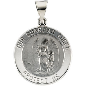 14k White Gold 18.25x18.5mm Hollow Round Guardian Angel Medal