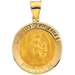 14k Yellow Gold 18.25x18.5mm Hollow Round Guardian Angel Medal