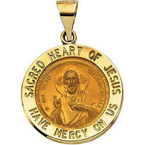 14k Yellow Gold 18.5mm Hollow Round Sacred Heart of Jesus Medal