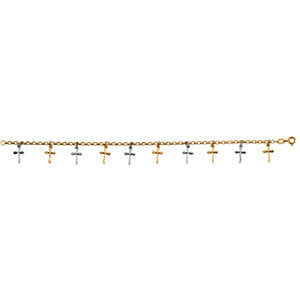 Two Tone Cross Bracelet with 10 crosses in 14k White and Yellow Gold