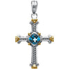 36.00x27.75 mm Genuine Swiss Blue Topaz Cross Pendant in Sterling Silver and 14K Yellow Gold