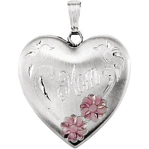 Sterling Silver Enameled Flowers "Mom" Heart Locket