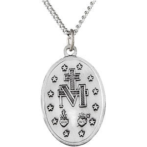 Sterling Silver 29x20mm Oval Miraculous Medal 24" Necklace
