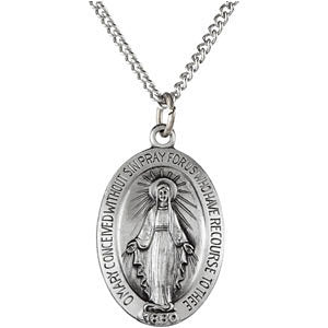 Sterling Silver 28.5x17.75mm Oval Miraculous Medal 24" Necklace